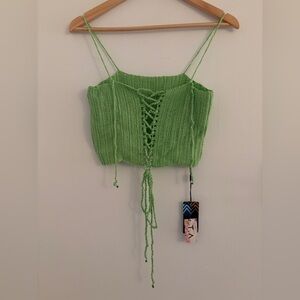 Green Lace-Up Crochet Crop